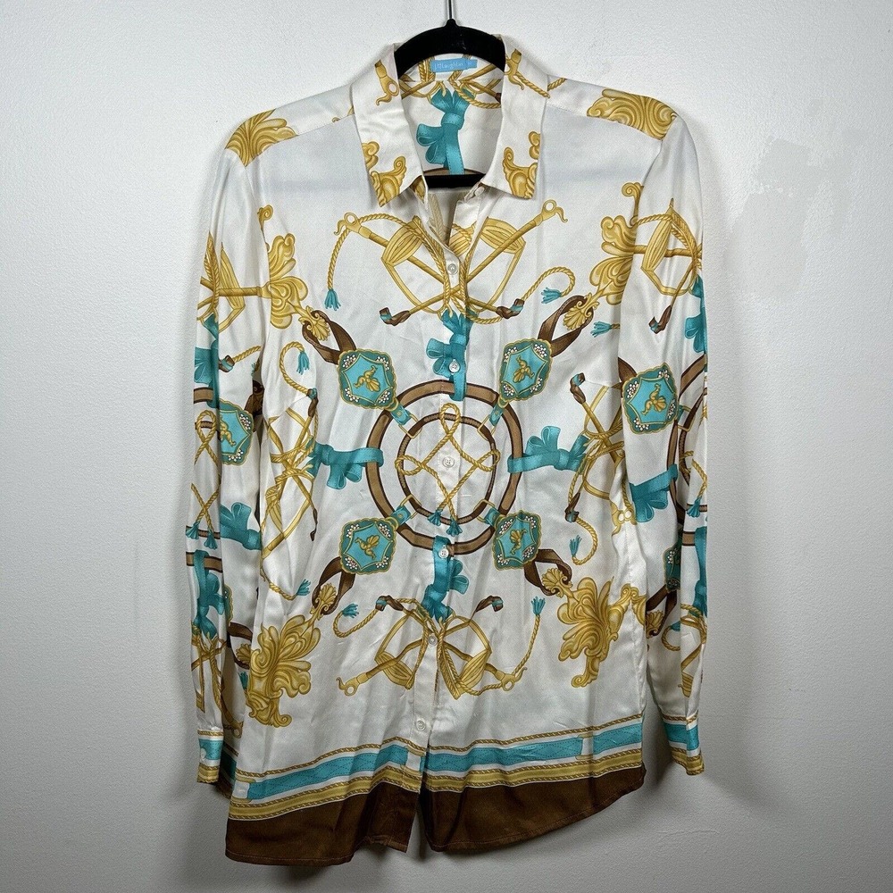 J. McLaughlin White, Teal & Gold Silk-Feel Button Down Shirt